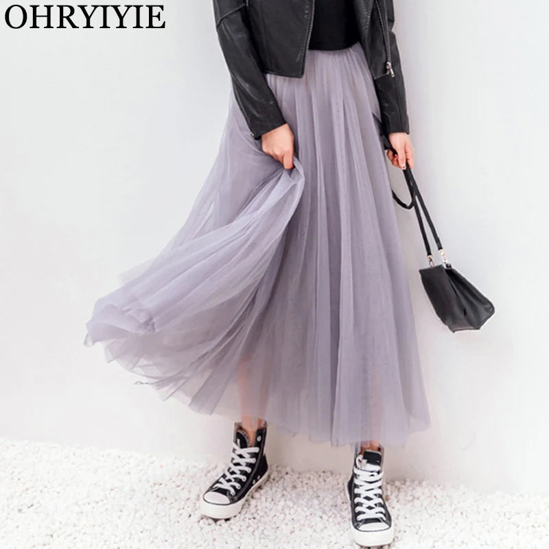 Maxi Longa Saia de Tule Mulheres 2024 Outono Inverno Elástico Cintura Alta Vestido de Bola Saia Feminino Adulto Tutu Saia Jupe Longue