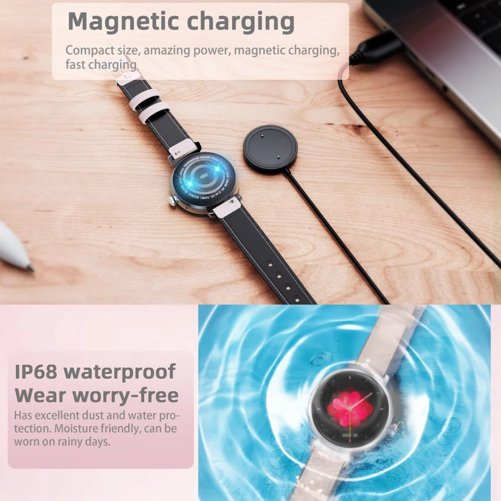 Amoled tela hd azul dente chamada smartwatch feminino relógios inteligentes à prova dwaterproof água esportes monitor de saúde freqüência cardíaca notificação mensagem