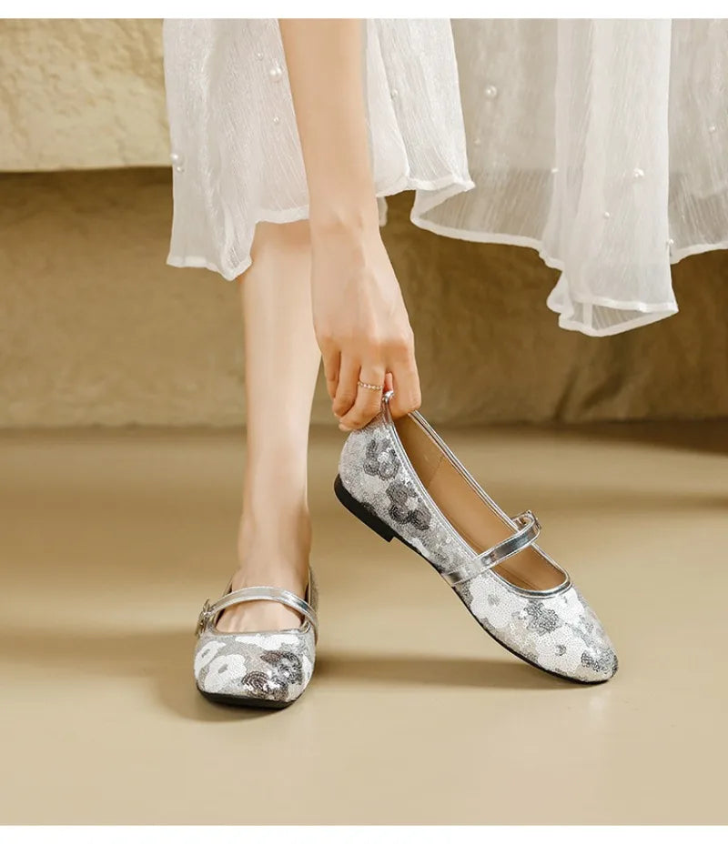 Luxo bling ballet flats feminino dedo do pé redondo colorido floral fivela design mary jane sapatos elegantes sapatos de festa conforto sandálias planas