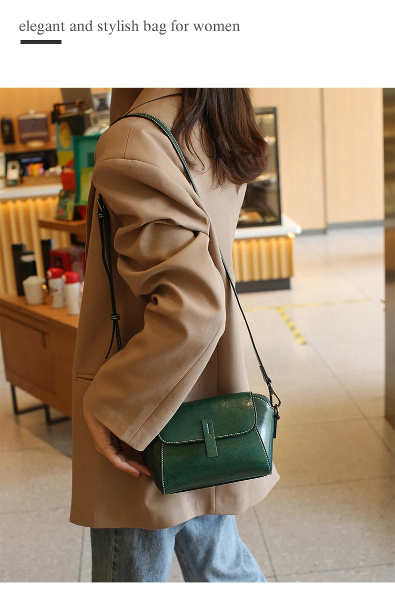 Bolsa transversal pequena de couro legítimo com acabamento em cera de óleo para mulher, bolsa fashion versátil em formato de concha, bolsa casual para celular.