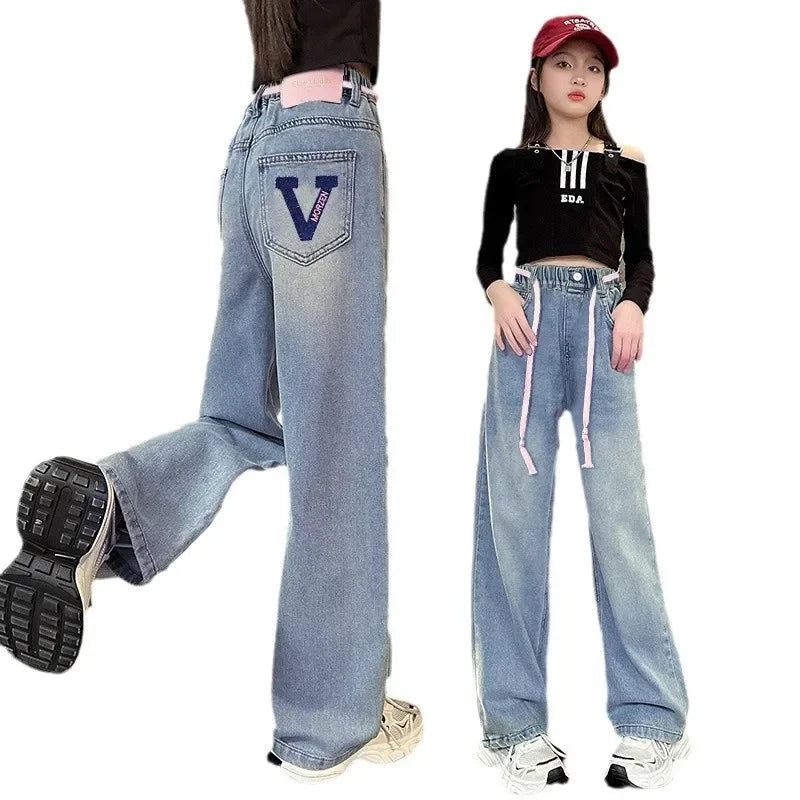 Meninas adolescentes jeans com lã outono inverno moda casual crianças perna larga calças jeans isoladas escola crianças denim