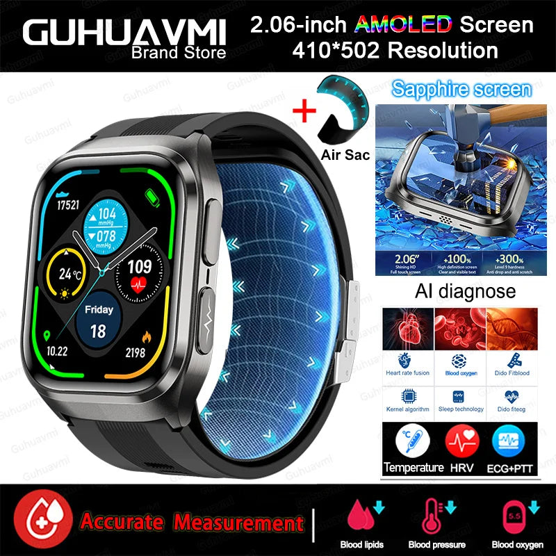 Novo Relógio de Saúde 2026: Medição Precisa de Pressão Arterial, Ácido Úrico e Lipídios no Sangue – Smartwatch Masculino e Feminino à Prova d'Água com Airbag