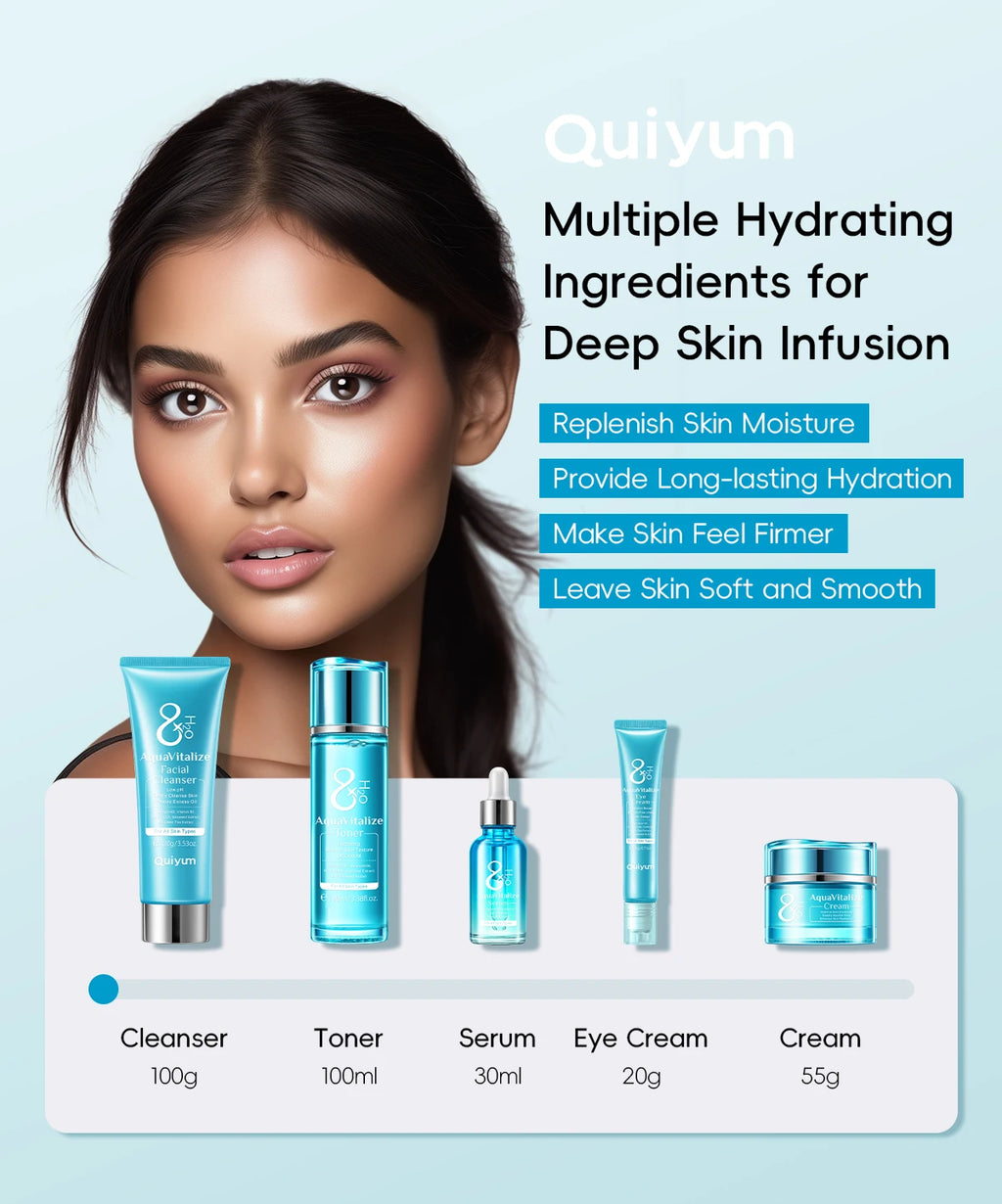 QUIYUM 8X H2O AquaVitalize Skincare Set 5PCS Kit de hidratação profunda Rugas Suavização Tratamento de aperto Conjunto de presente