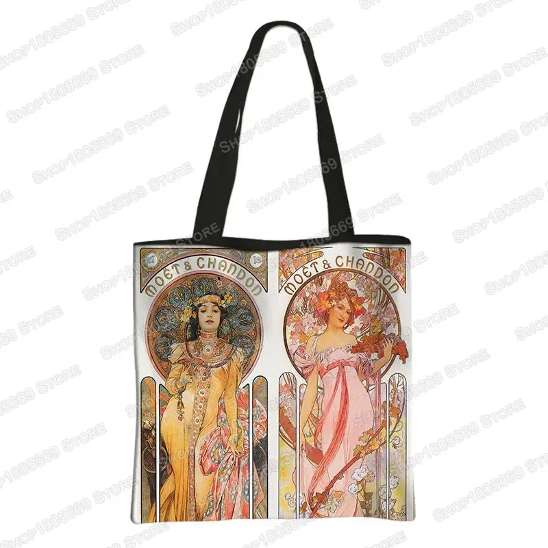 Alphonse Beauty Print Bolsa para Mulheres, Sacos De Compras De Armazenamento Reutilizável, Totes Casuais, Pintura A Óleo, Elegante Senhoras Tote