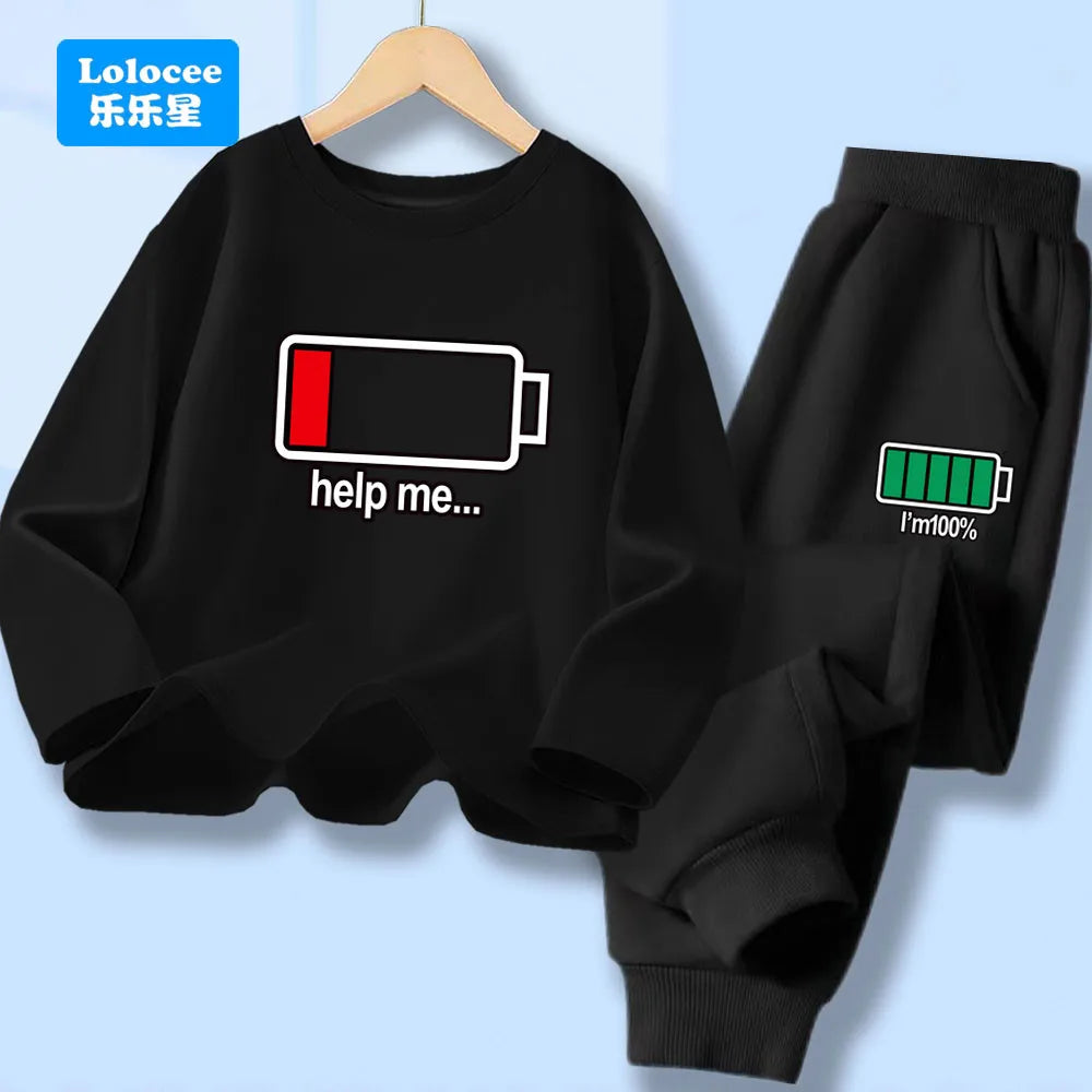 Outono criança menino manga longa 2 pçs conjunto de roupas crianças engraçado bateria carta impressa camiseta pulôver topo e calças fatos de treino dcw1