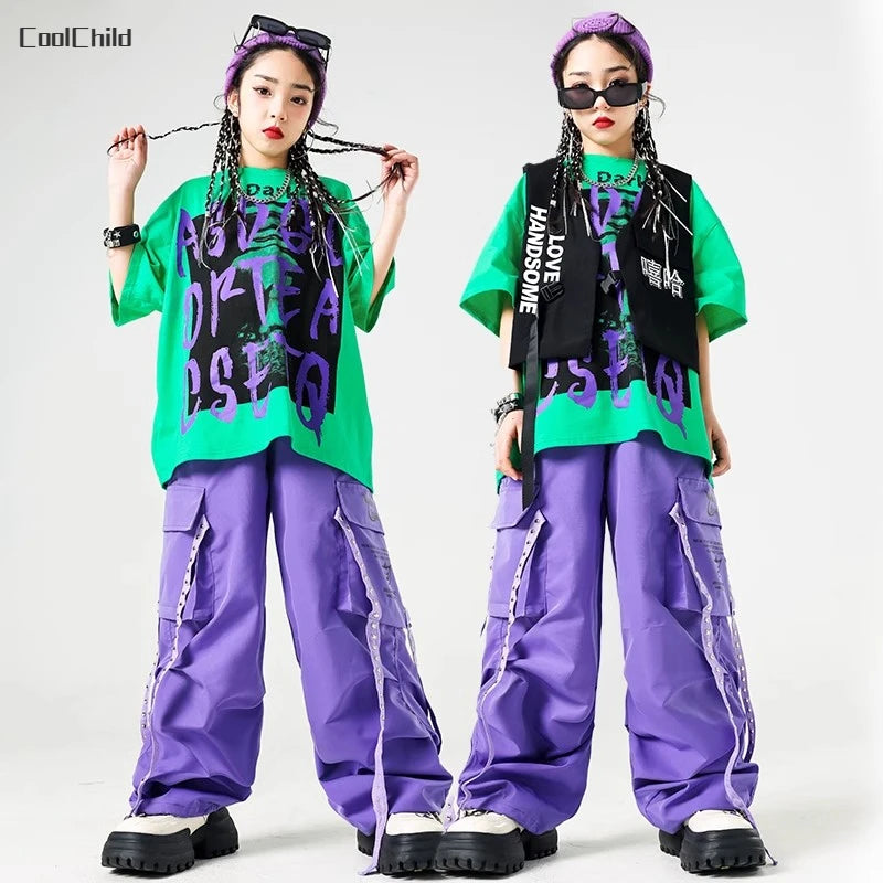 Conjunto de camiseta e calças infantis legais, trajes de jazz, Hip Hop Streetwear, roupas femininas, moda feminina, corredores de rua, colete infantil