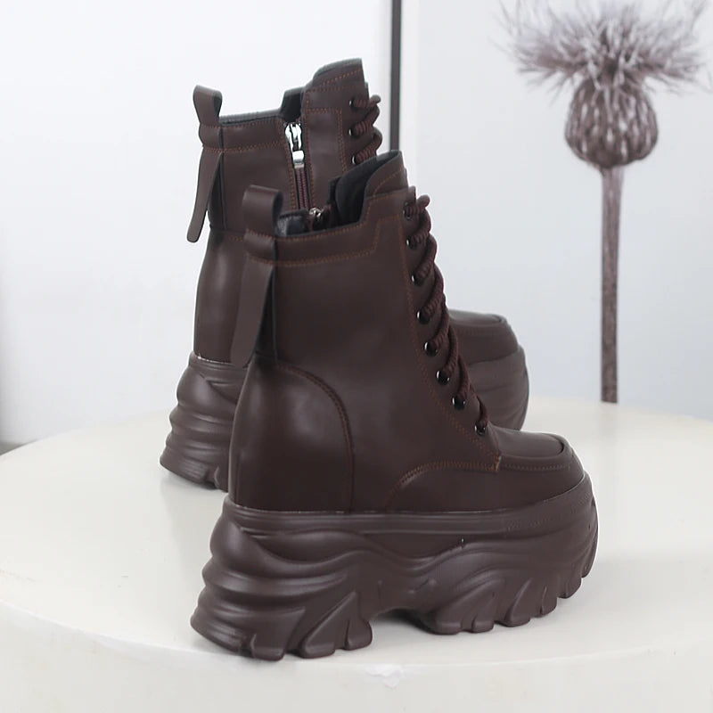 12cm outono plataforma botas de tornozelo feminino sapatos grossos rendas tênis mulher botas de couro sapatos de caminhada