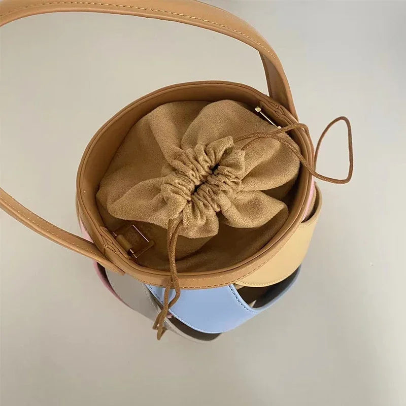 Bolsa feminina retrô de balde geométrico, elegante bolsa versátil de textura feminina, estilista de luxo, 2023