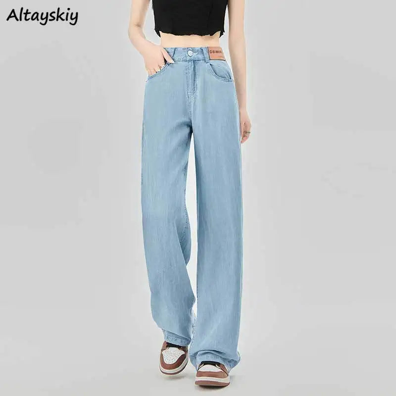 Jeans de cintura alta de seda gelo feminino, verão, azul, solto, perna larga, elegante, simples, lazer, todos os fósforos, diário, na moda, chique, moda coreana
