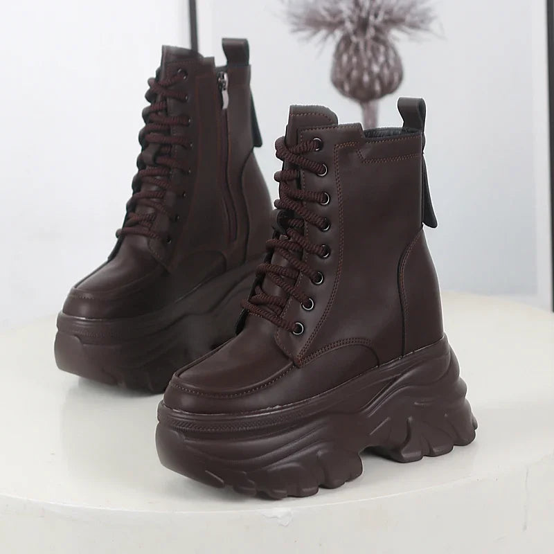 12cm outono plataforma botas de tornozelo feminino sapatos grossos rendas tênis mulher botas de couro sapatos de caminhada