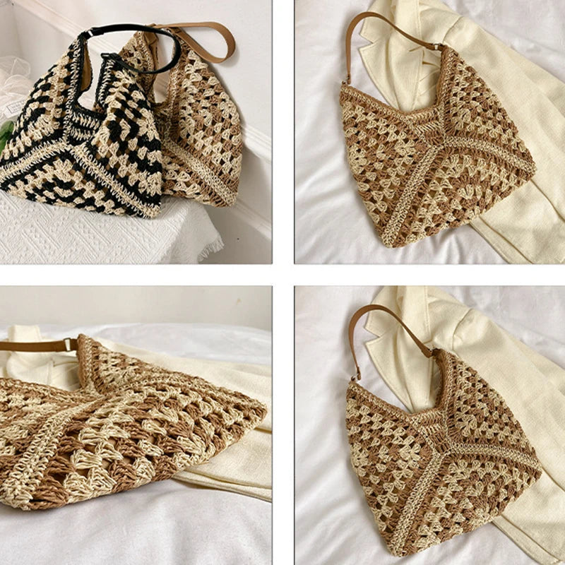 Bolsa de ombro de palha tecida feminina popular bolsa de tamanho médio com alça para férias na praia