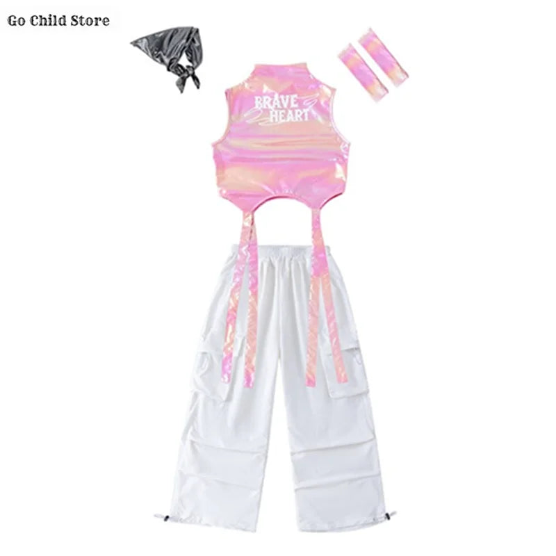 Meninas k-pop brilhante colheita superior calças de carga shorts de dança de rua crianças hip hop jazz conjuntos de roupas crianças streetwear menina grupo traje