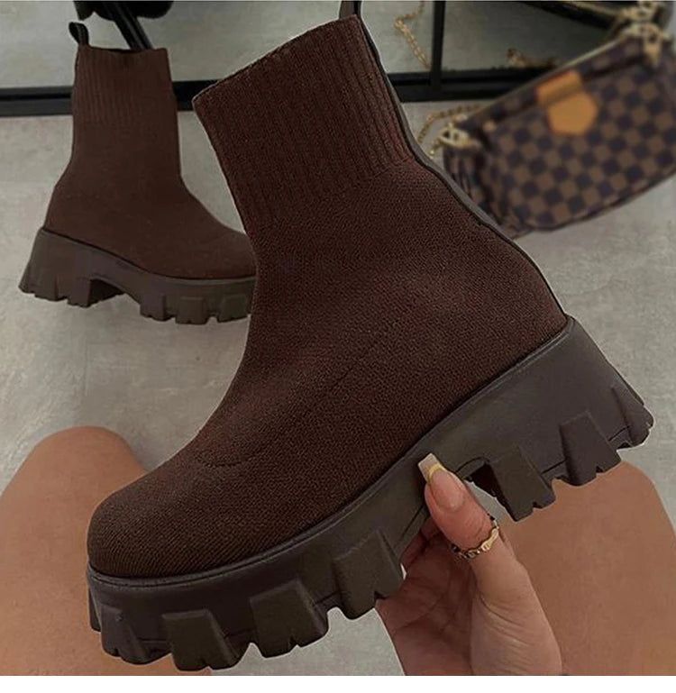Botas femininas botas de plataforma elástica respirável primavera verão saltos botas mujer deslizamento em botas de tornozelo mulher elegante sapatos de salto