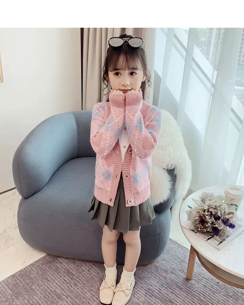 Camisola de tricô de manga cheia infantil, top single-breated, flocking outwear, roupas de bebê meninas, crianças, criança, crianças, 2t, 10 t, 12t, outono, inverno