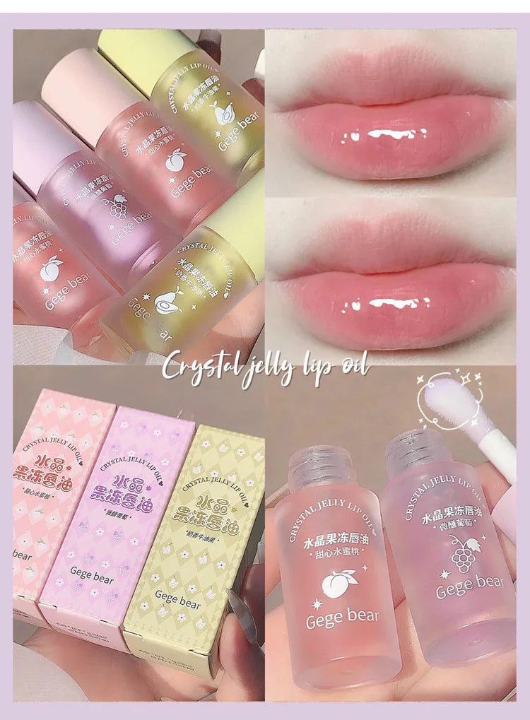 Óleo Labial Gege Bear Crystal Jelly Fruit com Pêssego, Uva e Abacate, Hidratante, Nutritivo e Clareador de Linhas Labiais