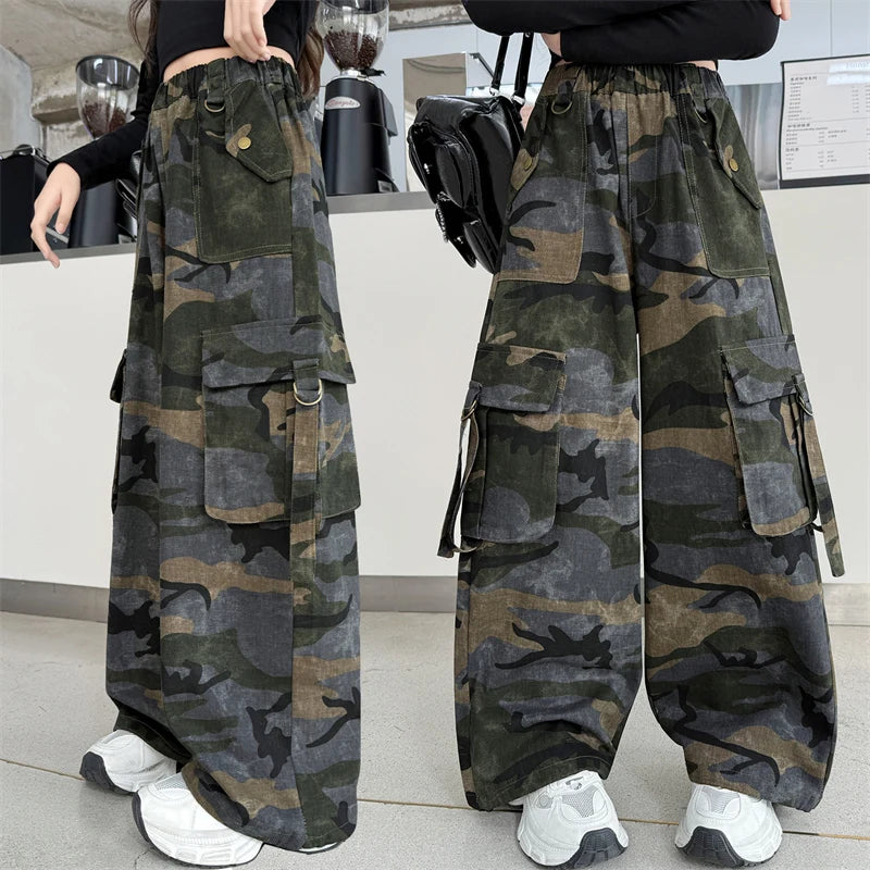 Crianças baggy camuflagem calças de carga com bolso para a menina streetwear y2k camo calças crianças harajuku coreano hip hop sweatpants