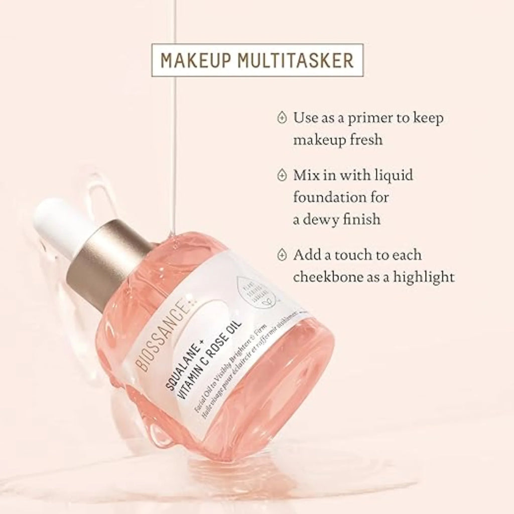 Óleo Facial Avançado de Squalano + Vitamina C com Rosa - Sérum Iluminador, Firmador e Hidratante para Todos os Tipos de Pele