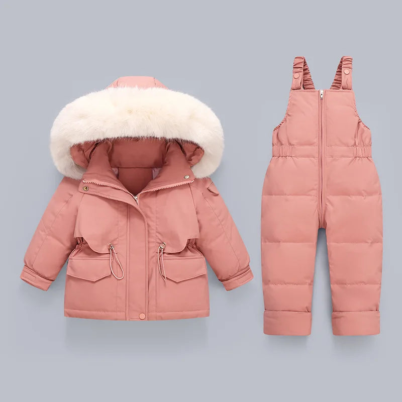 Crianças para baixo casaco jaqueta + macacão crianças da criança menina menino roupas para baixo 2 pçs roupa de inverno terno quente do bebê macacão conjuntos