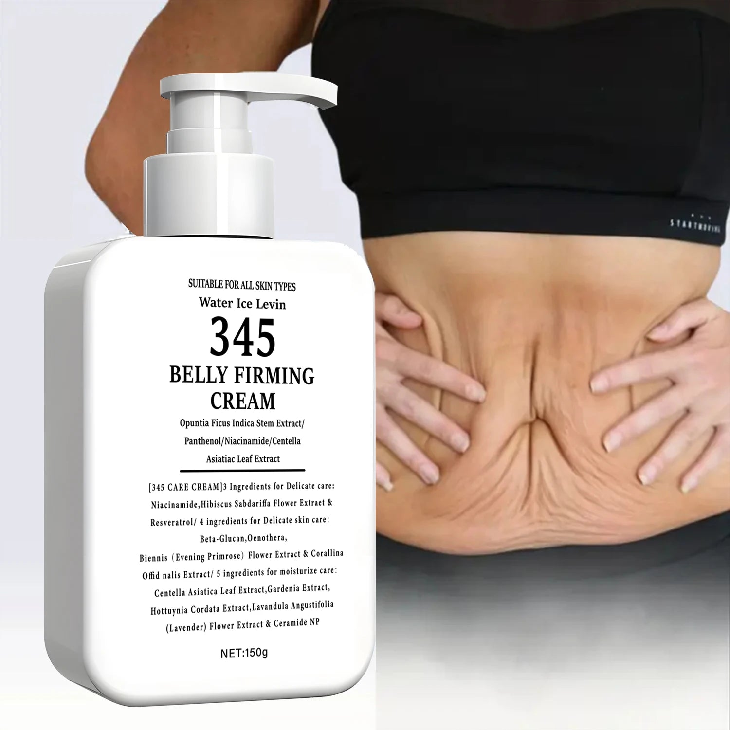 345 Extrato de haste de opuntia de creme reafirmante para barriga. Niacinamida Pantenol. Alvos Crepey Skin. Apertar firmes. Todos os tipos de pele. 150g.