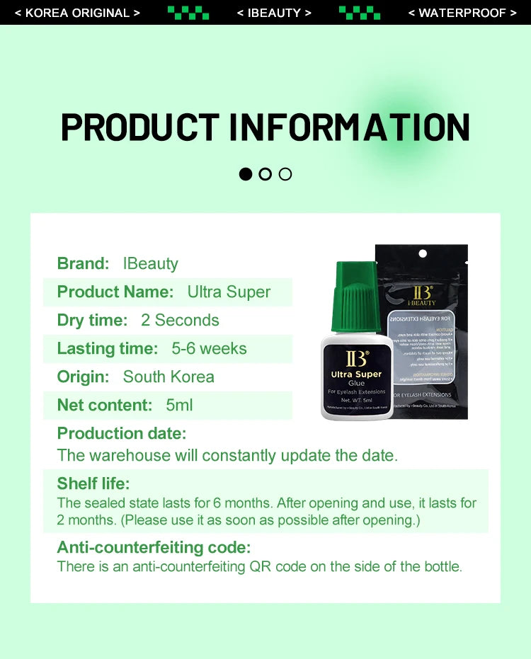 5 garrafas originais ibeauty ib ultra super cola para extensões de cílios 5ml coreia tampa verde lash cola ferramentas de maquiagem atacado