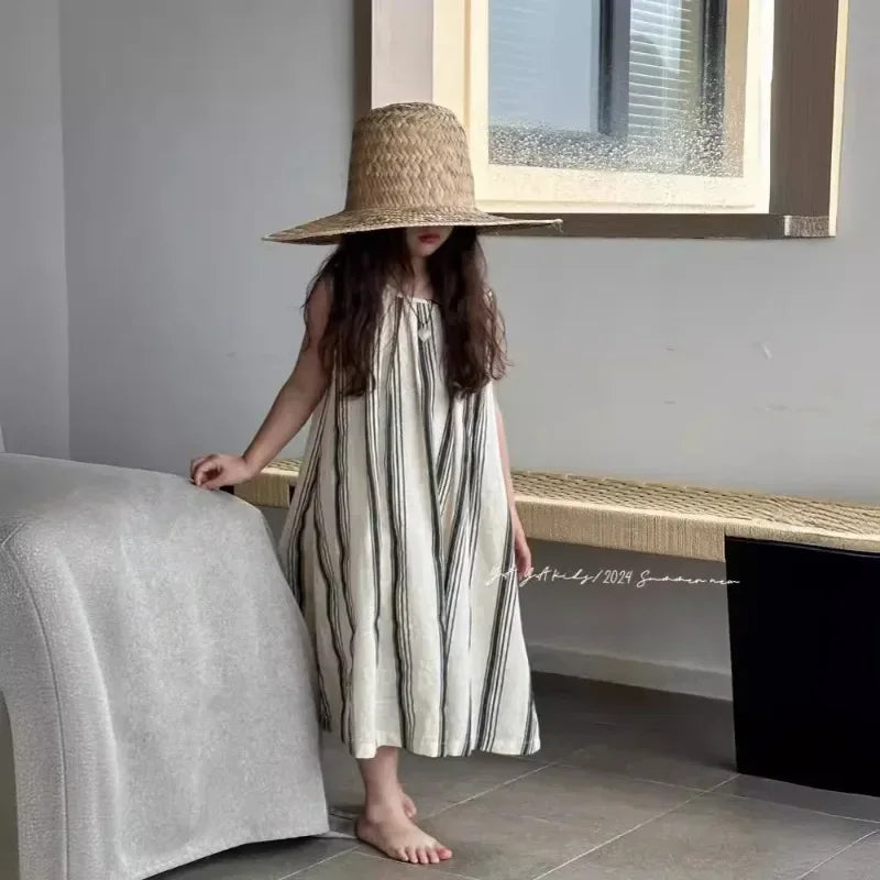 Crianças roupas meninas vestido sem mangas nova moda verão 2025 estilo coreano listra vertical francês retro vestido de férias
