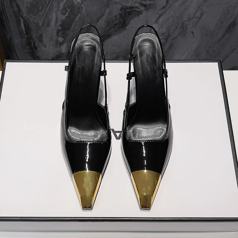 Novo verão sandálias femininas de salto alto ouro cabeça de ferro couro patente preto stiletto cabeça quadrada dedo do pé fechado estilingue volta sapatos