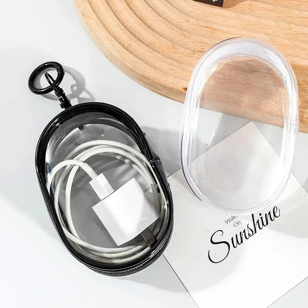 Mini saco de armazenamento com zíper transparente, chaveiro portátil, boneca de desenho animado, organizador de brinquedos para fones de ouvido, carregadores, cabo de dados, sacos de presente