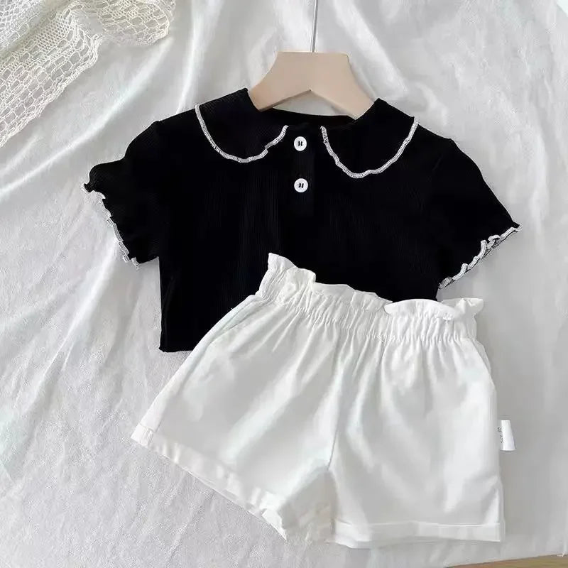 T-shirts de Peter Pan Collar infantil, infantil, meninas, fofo, casual, sólido, preto, branco, estilo coreano, verão, nova chegada, 2022