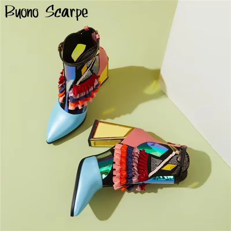 Botas femininas de cor misturada novetly dedo do pé apontado plataforma de fundo grosso botas de tornozelo feminino blingbling sapatos mujer moderna bota todos os jogos