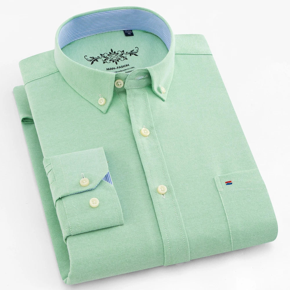 Camisa casual de trabalho listrada xadrez oxford de manga comprida masculina com bolso, camisas de botão de ajuste regular de mistura de algodão primavera outono