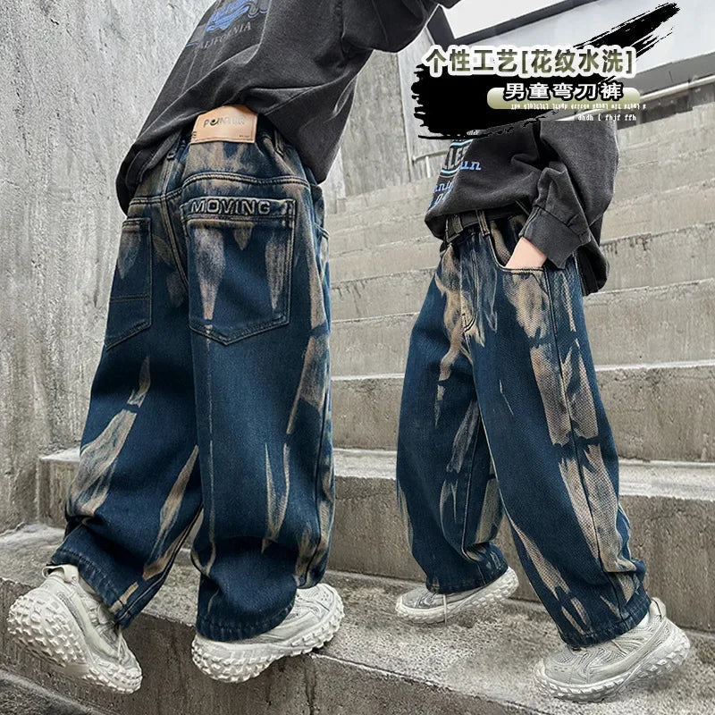 Crianças graffiti jeans meninos primavera e outono 2025 novas crianças adolescentes bonito meninos perna reta solta calças de perna larga