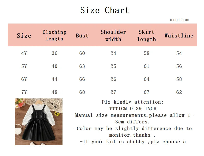 Conjunto de 2 peças para crianças e meninas, gola redonda, top branco + alça preta, saia de couro, roupas de festa para meninas de 4 a 7 anos
