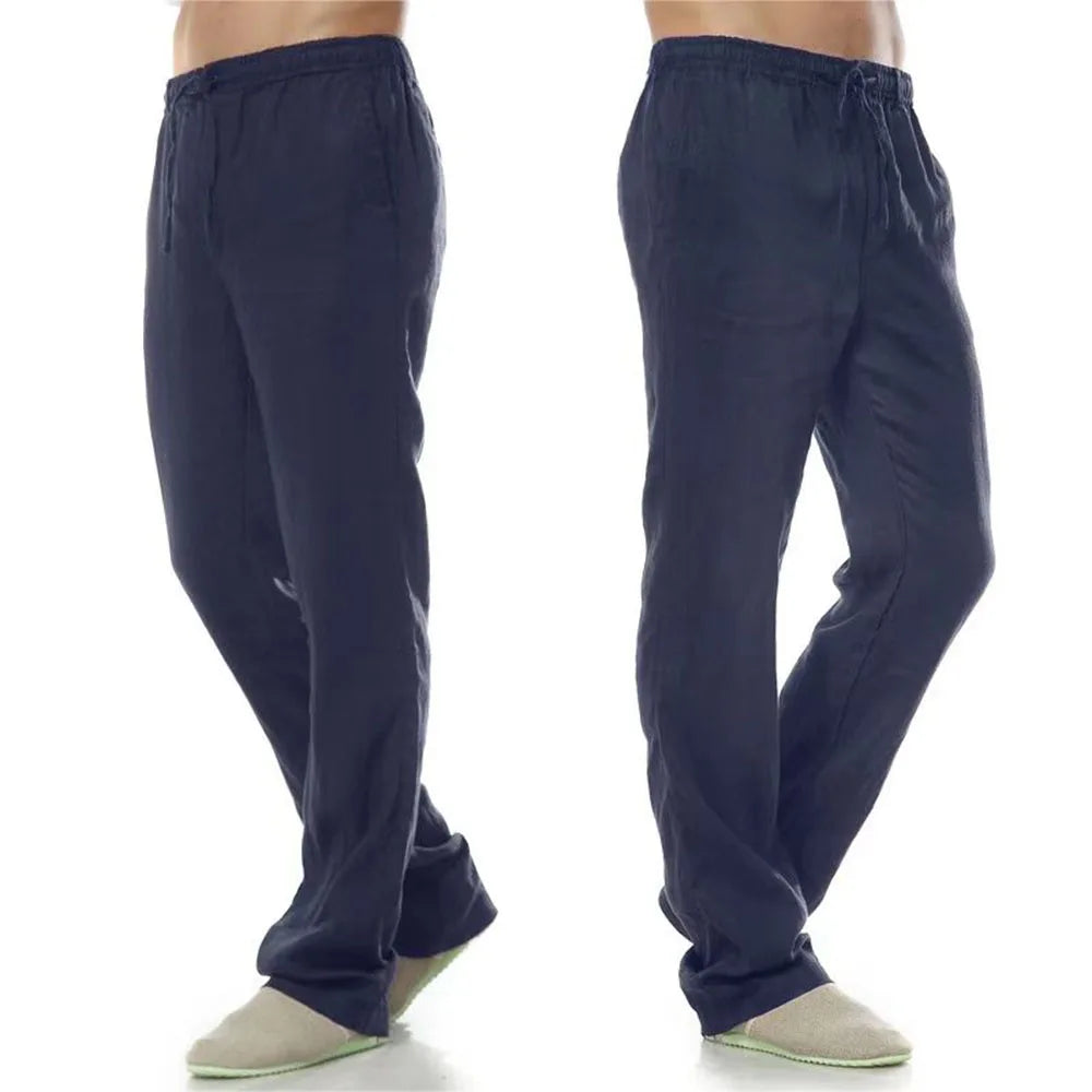 Calças de linho de algodão masculino outono novo respirável cor sólida calças de linho fitness streetwear volta com bolso