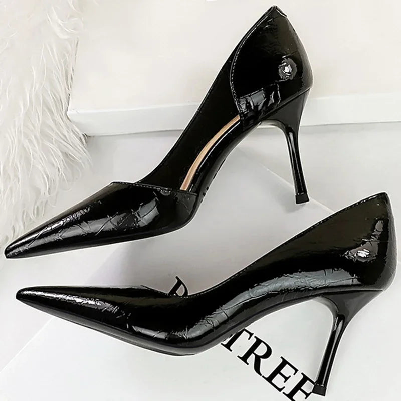 Estilo ocidental festa sapatos femininos 8cm salto alto fino raso apontou toe lado oco serpentina retro senhoras elegantes bombas marrom