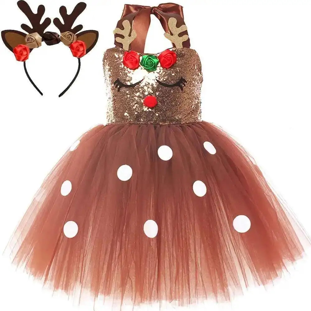 Trajes de veado de lantejoulas marrons para bebês meninas vestidos de princesa de natal crianças roupa de rena roupas de ano novo presente de natal