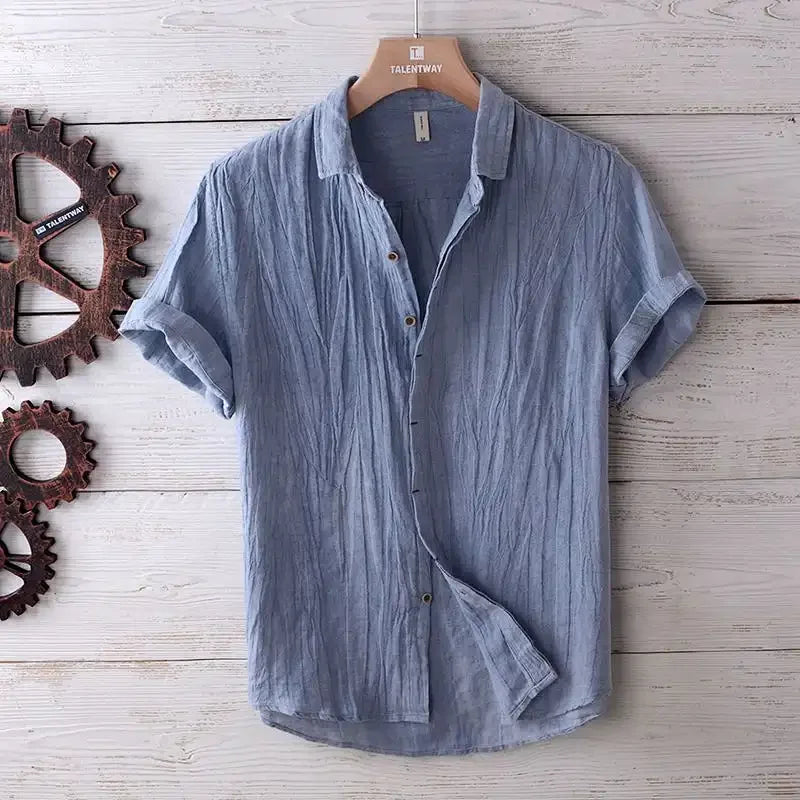 Camisa de Linho de Manga Curta para Homens, Camisa Casual Solta e Fresca de Verão em Cores Sólidas, Estilo Retro Japonês