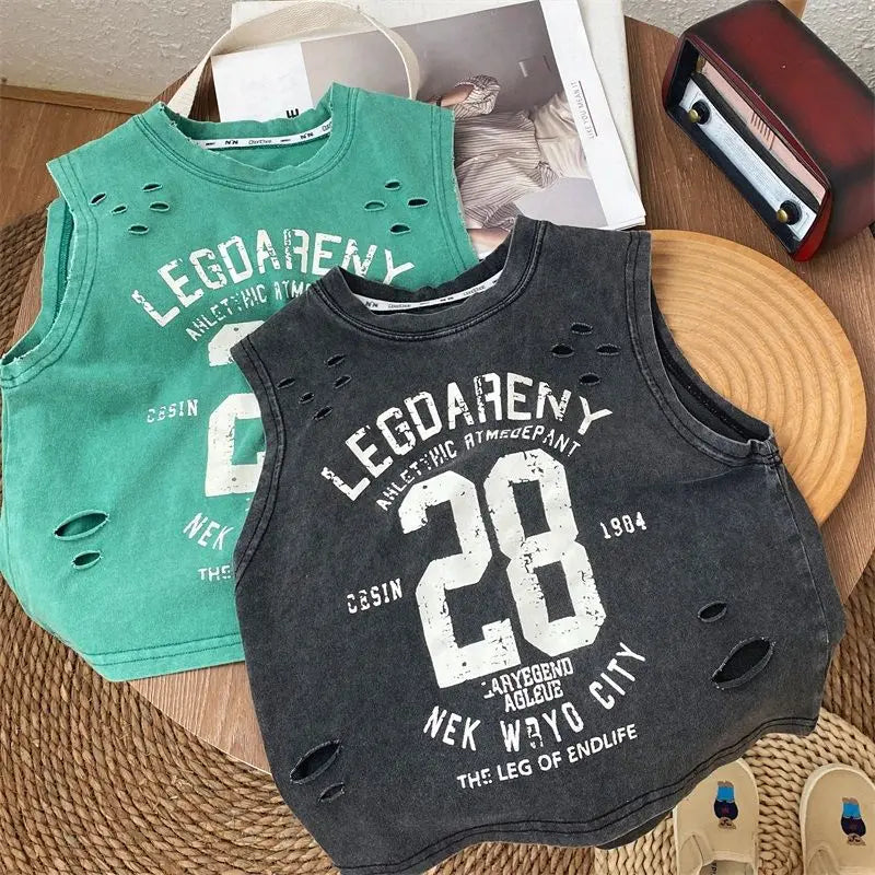 Verão bonito meninos novo preto puro algodão sem mangas perfurado camiseta estilo solto bebê crianças regata