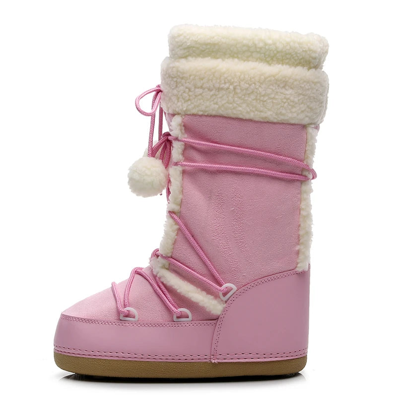 Botas de inverno rosa botas de neve femininas sola grossa botas de esqui quentes meados de bezerro botas de espaço antiderrapantes sapatos de algodão navio livre