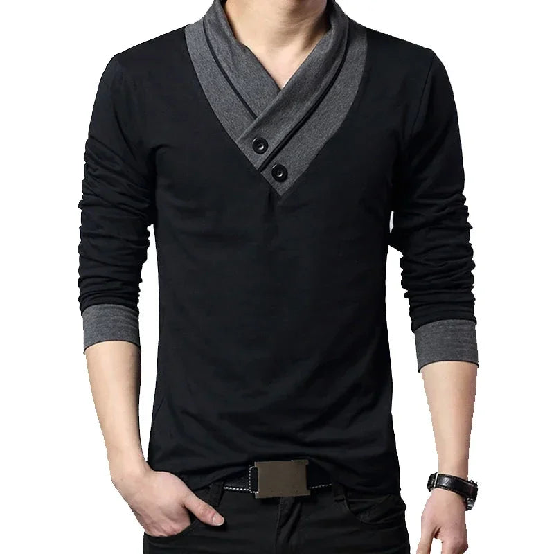 Camiseta Masculina Slim Fit de Manga Longa com Gola em Patchwork e Decote V, Tendência de Moda 2026, Camiseta de Algodão Plus Size 5XL