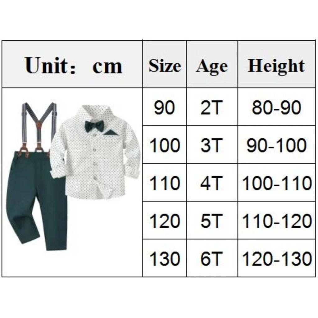 Camisa estampada às bolinhas com calças sólidas para meninos, conjunto de arco suspensor infantil, roupa de cavalheiro, traje de aniversário, 2 a 6 anos, primavera