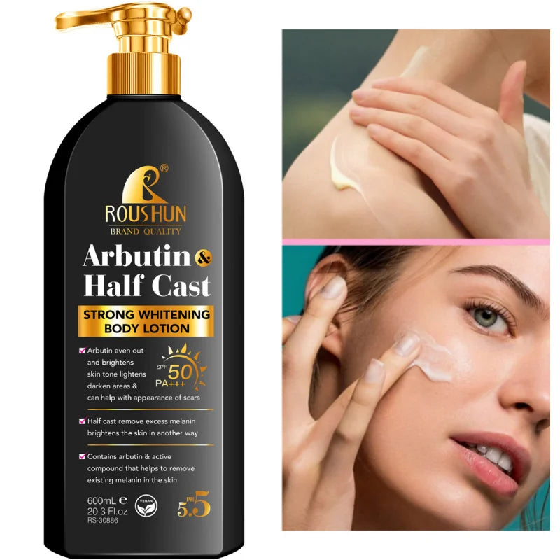 Loção Corporal Arbutin HALF CAST com protetor solar 2 em 1, refrescante, hidratante e não oleosa.