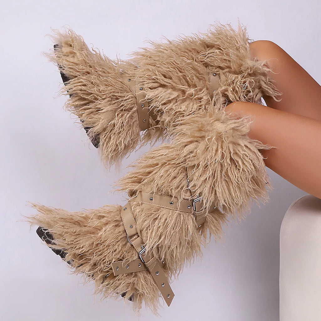 Botas femininas felpudas até o joelho |   Calçado de inverno com detalhes multi-fivela, texturas de leopardo e shearling
