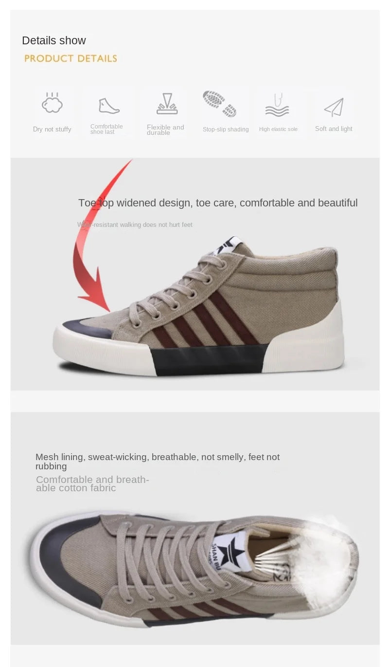 Sapato de lona respirável casual masculino, tênis de cano alto, sapato vulcanizado com renda, sapatilha antiderrapante, na moda