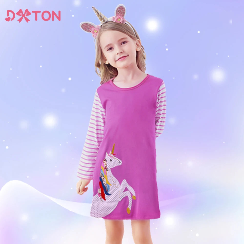 Dxton outono algodão crianças vestido casual apliques crianças em linha reta vestido diário manga listrada meninas vestido escolar
