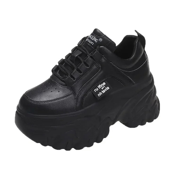 Sapatos femininos tendência branco preto grosso tênis outono inverno fundo grosso pai sapatos de alta qualidade couro do plutônio plataforma tênis novo
