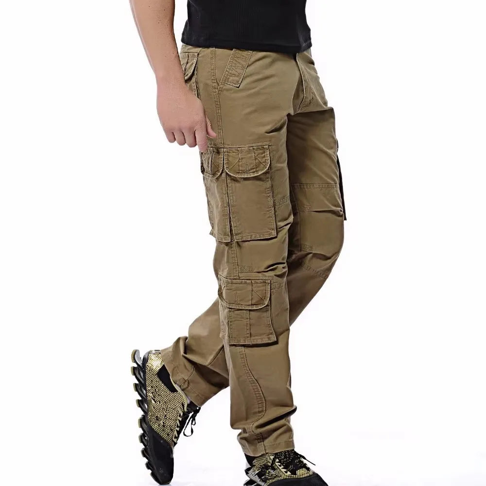 Moda algodão calças de carga dos homens soltos calças casuais jogging calças de carga dos homens sólidos multi bolsos calças respiráveis plus size