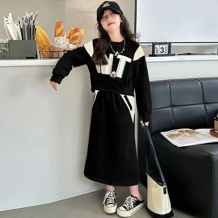 Roupas de Inverno e Outono 2026 para Meninas e Adolescentes: Blusas com Letras, Moletom com Capuz + Saias com Fenda para Idades de 4 a 13 Anos