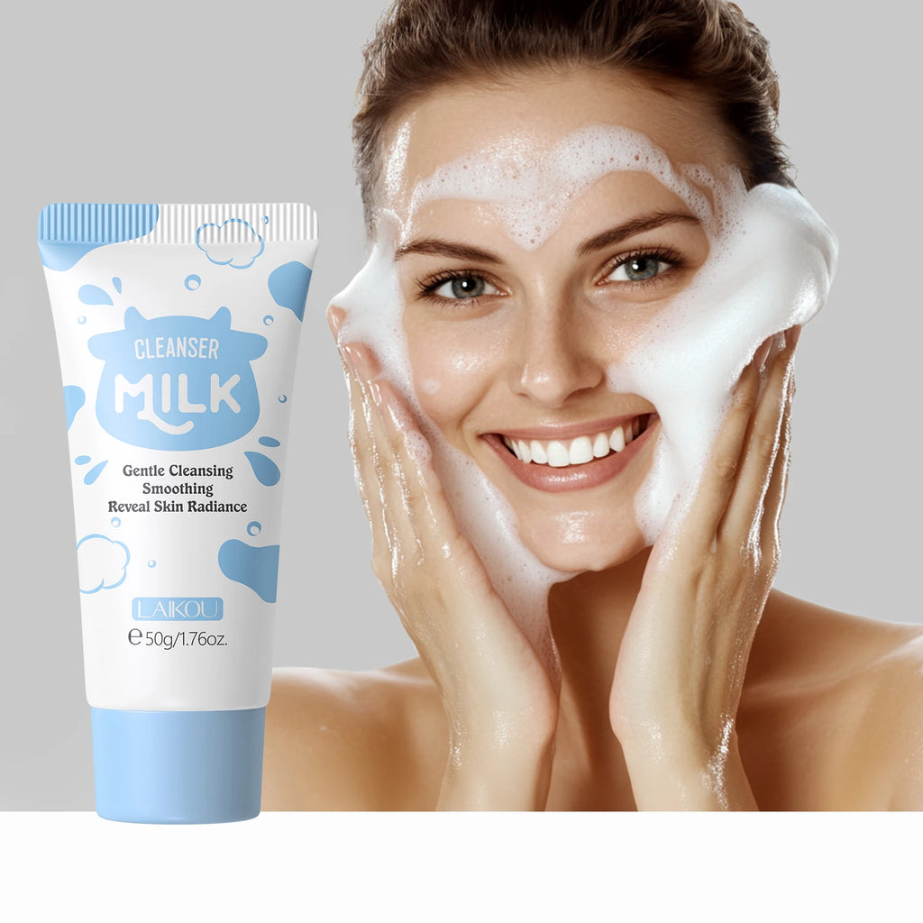 LAIKOU Conjunto de cuidados com a pele com leite Soro suavizante Creme hidratante Limpador suave Kit de viagem de hidratação iluminadora