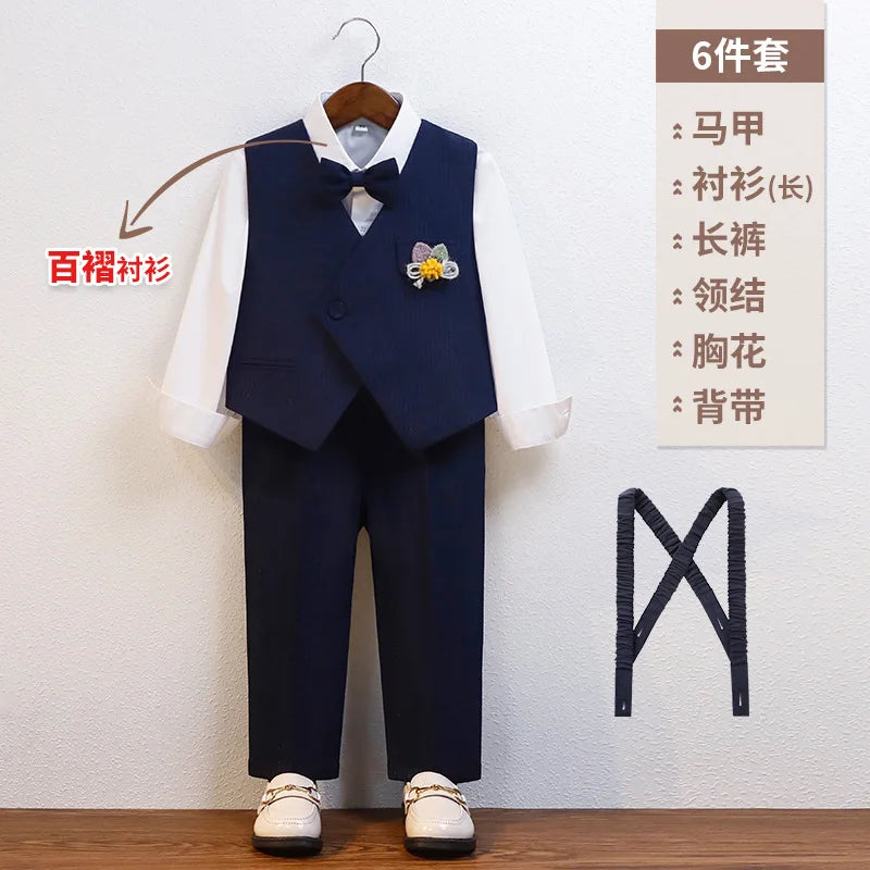Cavalheiro crianças verão respirável vestido de casamento escola meninos colete camisa calças gravata borboleta fotografia terno crianças traje aniversário