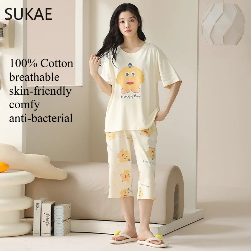 SUKAE-Conjunto de Pijamas dos desenhos animados das mulheres, 100% algodão, calça curta na altura do joelho, pijamas, capris loungewear, pijamas de verão, M-4XL